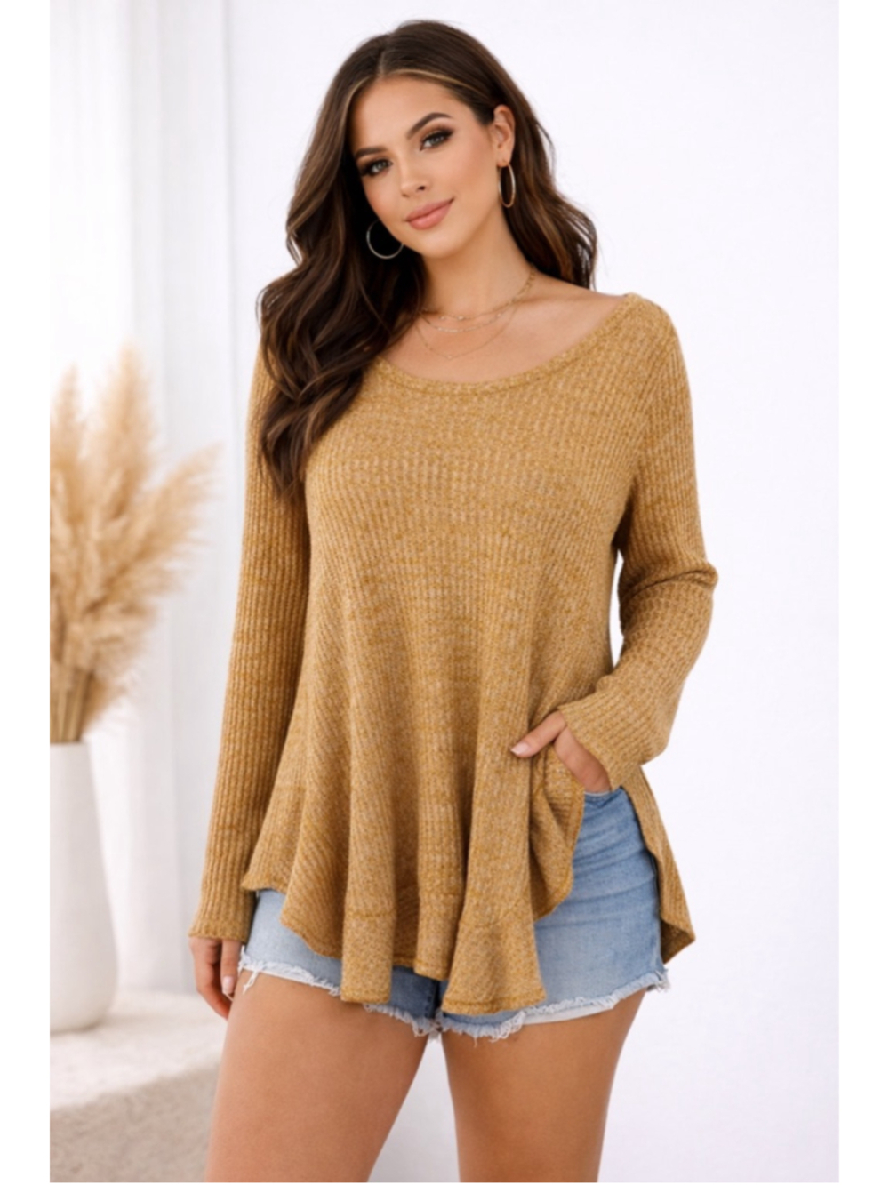 Anthropologie Saturday Sunday Wendy Waffle Knit Thermal Tunic Sweater M Yellow